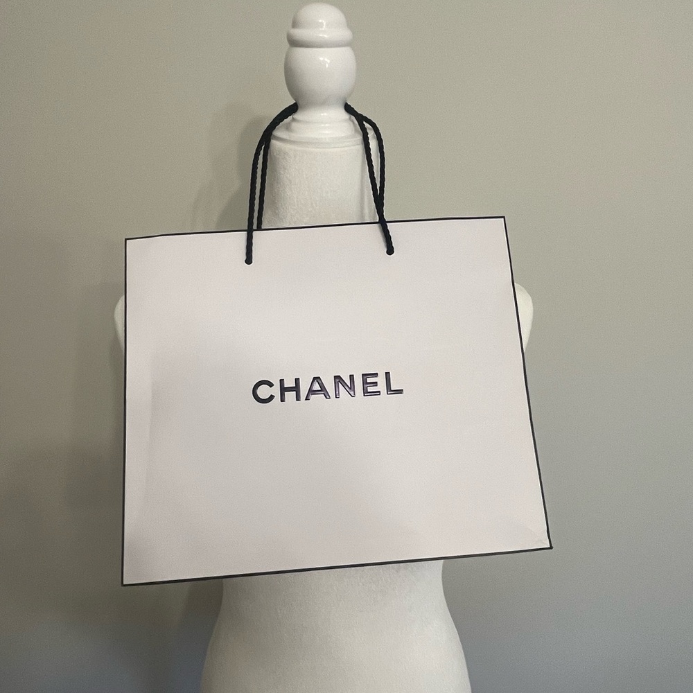 **CHANEL** Classic White Shopping Bag with Black Handles